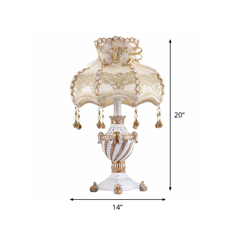 Resin Urn-Shaped Table Lamp Pastoral Style 1 Head Beige Night Light with Fabric Shade