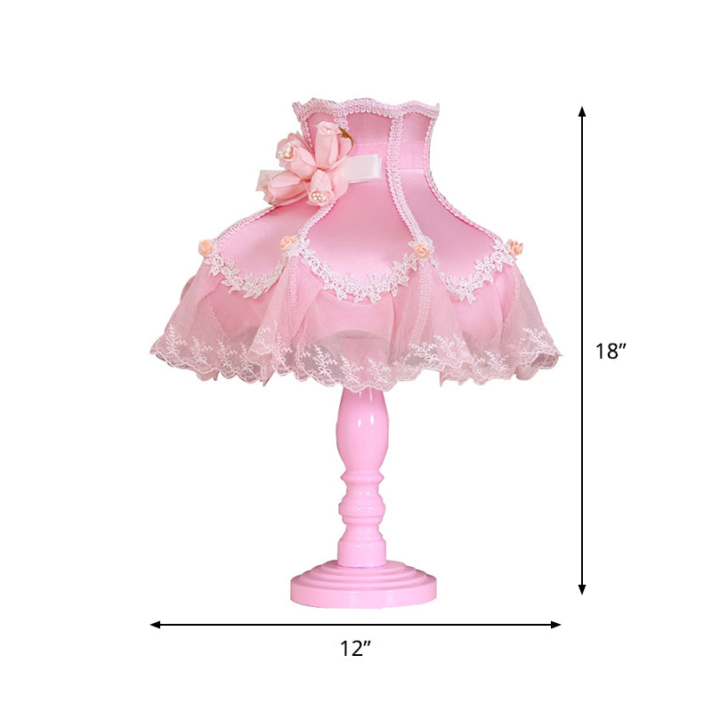 Kids Lace Edge Table Lighting Fabric 1-Light Girls Bedroom Nightstand Lamp in Pink with Rose Decor