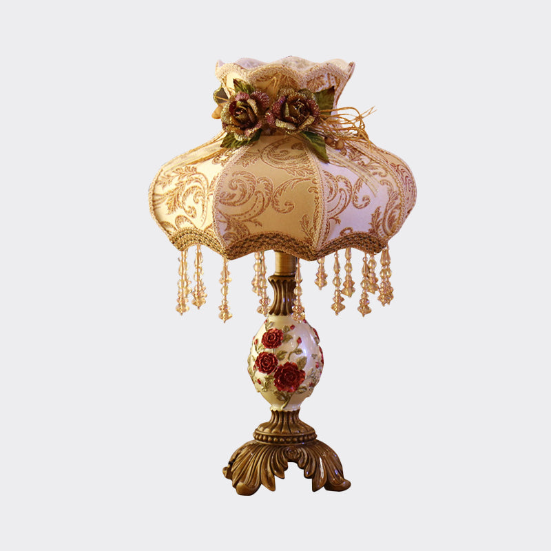 Coffee Vase Nightstand Light Luxury 1 Head Resin Table Lamp with Fabric Shade and Crystal Drop