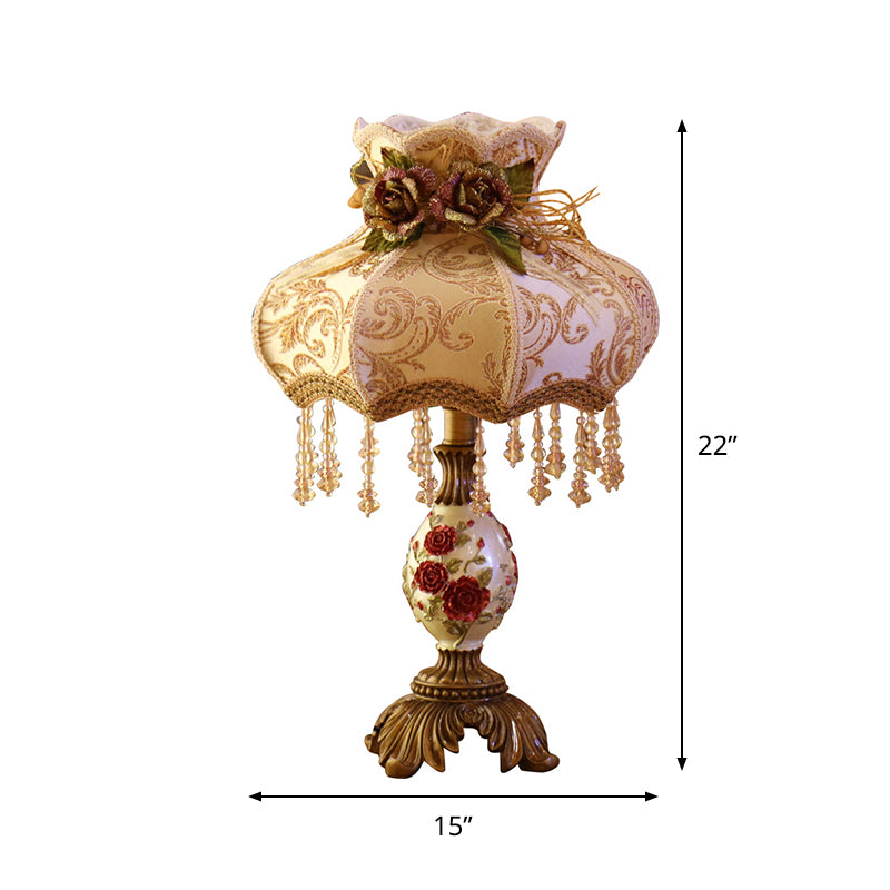 Coffee Vase Nightstand Light Luxury 1 Head Resin Table Lamp with Fabric Shade and Crystal Drop