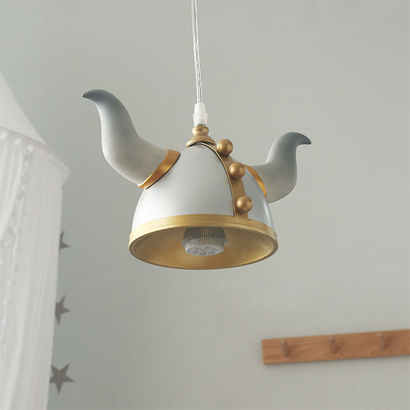 Ox Horn Helmet Hanging Light Fixture Nordic Metal Single Bulb Gray Pendant Lamp for Bedroom
