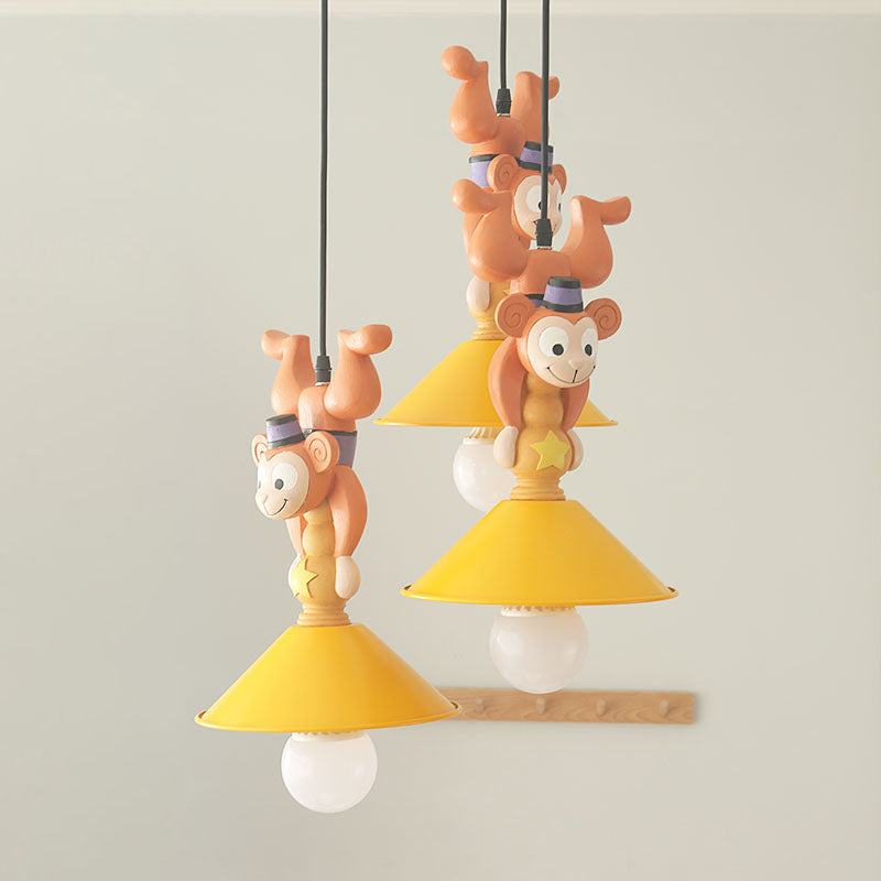 Kids Cartoon Monkey Ceiling Light Resin 1/3 Lamps Bedroom Hanging Pendant in Yellow with Cone Shade