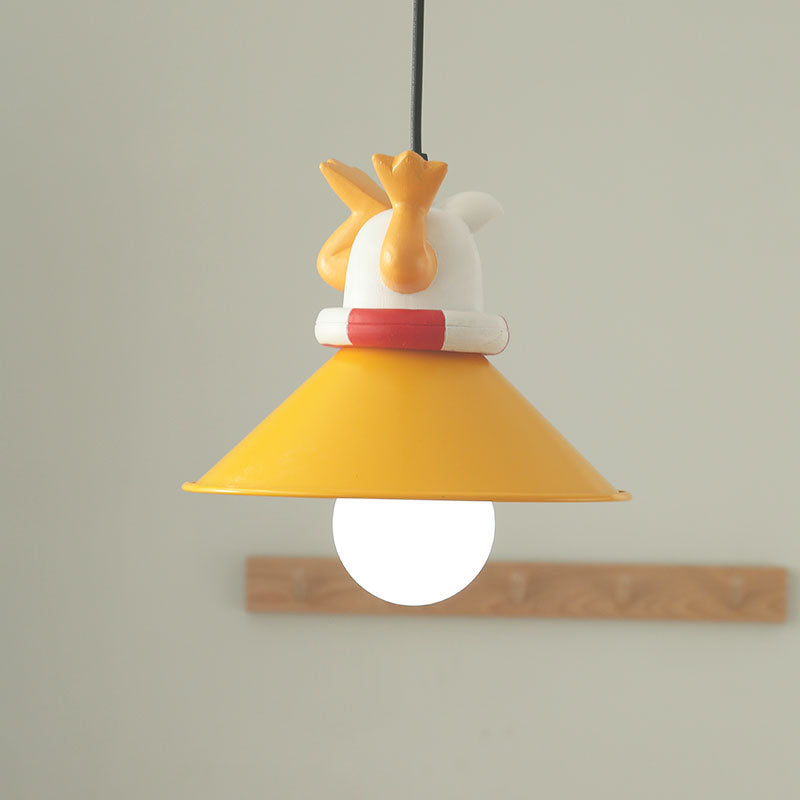 Yellow Animals Hanging Lamp Kit Cartoon Single Bulb Resin Pendant Lighting with Conic Shade