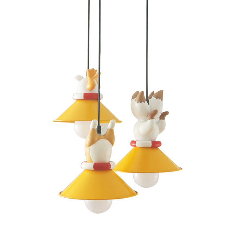 Metal Cone Multi Ceiling Light Cartoon 3 Bulbs Yellow Pendant Light Fixture with Animals Resin Deco