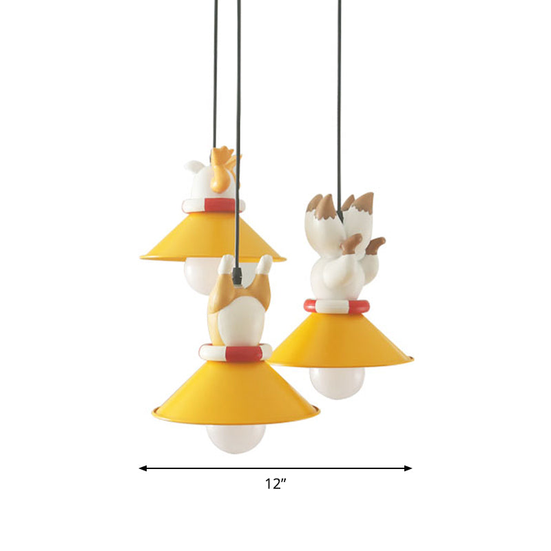 Metal Cone Multi Ceiling Light Cartoon 3 Bulbs Yellow Pendant Light Fixture with Animals Resin Deco