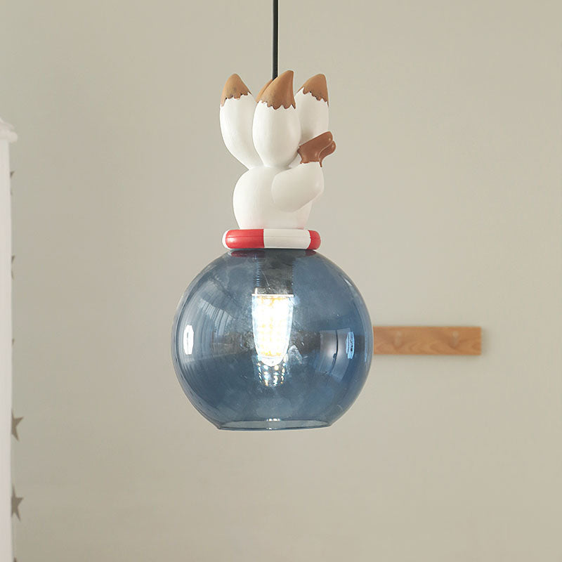 Blue Cartoon Dog/Duck/Fox Hanging Light Kids Single Bulb Resin Ceiling Pendant Light for Bedroom