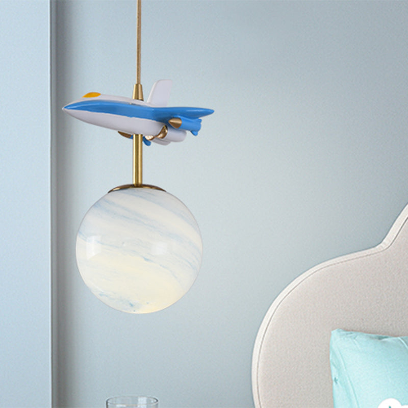 Airplane Ceiling Pendant Light Kids Metal 1 Light White/Blue Suspension Light for Bedroom