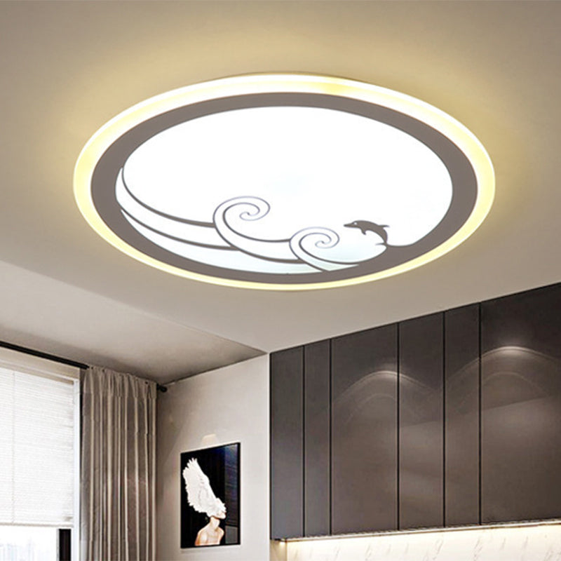 Nordic LED Flush Mount White Round Flush Light with Acrylic Shade and Dolphin Pattern in Warm/White Light