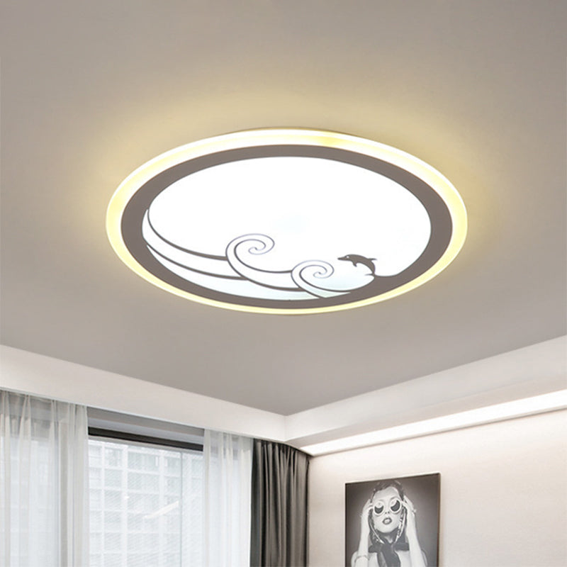 Nordic LED Flush Mount White Round Flush Light with Acrylic Shade and Dolphin Pattern in Warm/White Light