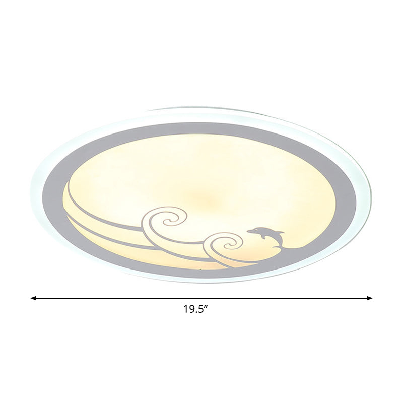 Nórdico LED FLUSH MONTAJE WHITE REDONDE REDONDE CON SOMBRA ACRÍLICA Y PATRO DE DOLFINES EN LUZ CALOR/BLANCA
