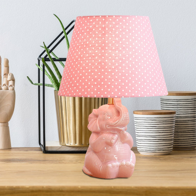 Pink Elephant Nightstand Lamp Modern Single Head Porcelain Table Light with Barrel Fabric Shade for Bedside