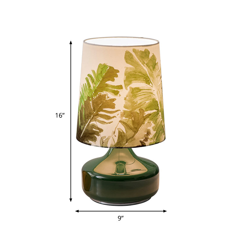 Nordic Barrel Night Lamp Fabric Single Head Bedroom Table Light with Leaves Pattern in Green