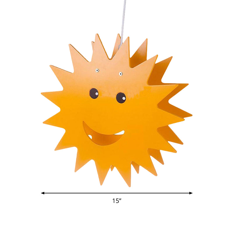 Wood Smiling Sun Hanging Lighting Cartoon 1 Light Yellow Finish Pendant Ceiling Lamp