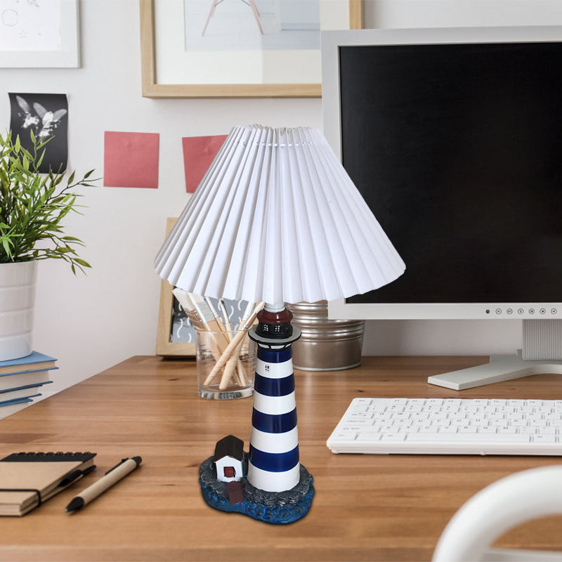 Lighthouse Shape Table Light Cartoon Resin 1 Light White and Black Night Lamp with Pleated Fabric Shade