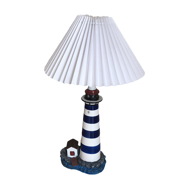 Lighthouse Shape Table Light Cartoon Resin 1 Light White and Black Night Lamp with Pleated Fabric Shade