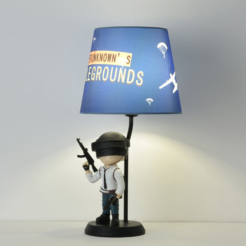 Barrel Night Light Kids Fabric 1 Head Blue Table Lamp for Bedroom with Squatting/Standing Soldier Decoration