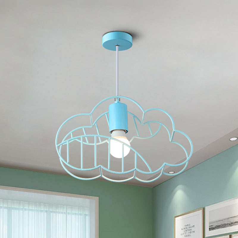 Creative Cloud Frame Metal Hanging Ceiling Light Single Bulb Pendant Light in Blue with Round Conopy