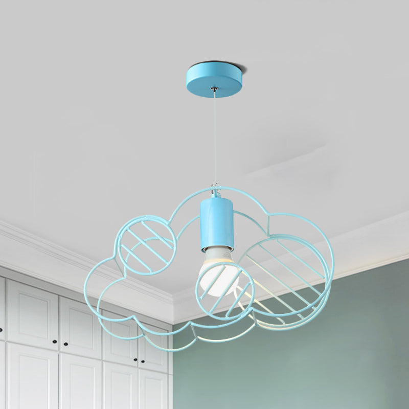 Creative Cloud Frame Metal Hanging Ceiling Light Single Bulb Pendant Light in Blue with Round Conopy