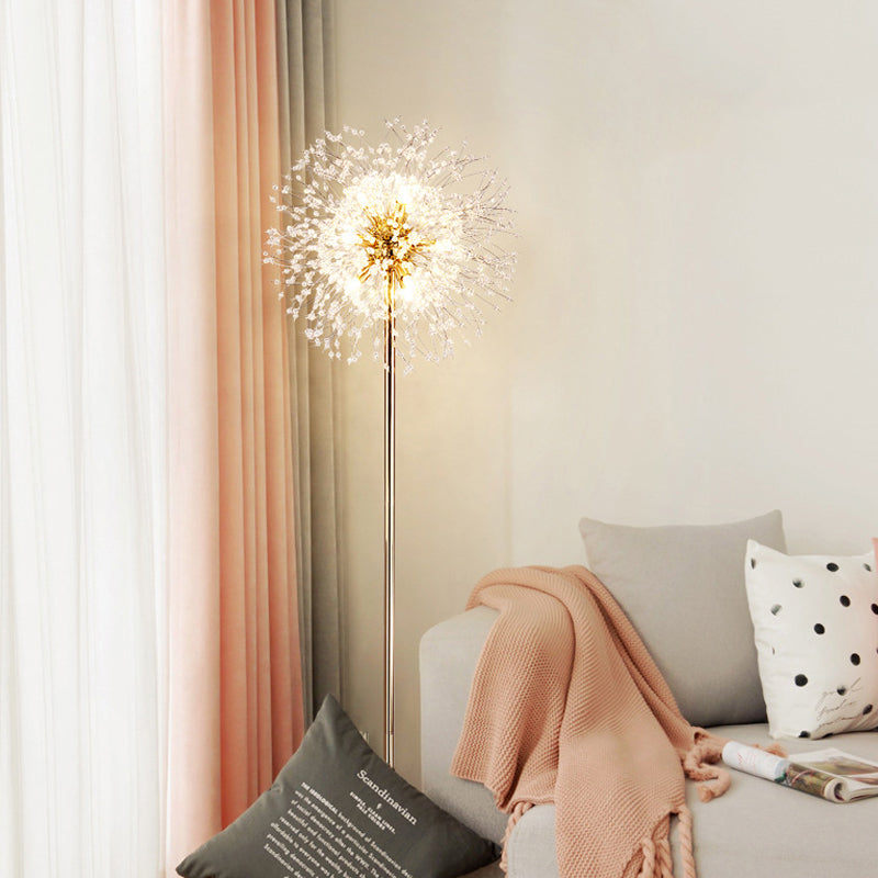 Modern Style Urchin Floor Lamp 8-Light Faceted Crystal Bead Stand Up Light in Gold