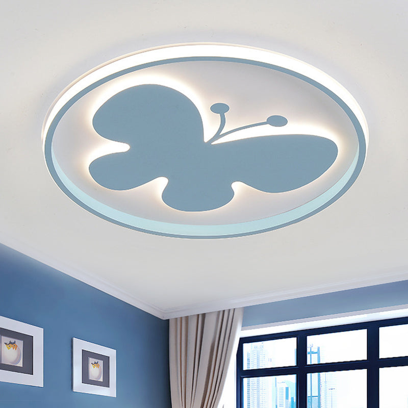 Rabbit/Butterfly Thin Flush Light Fixture Minimalist Iron Pink/Blue LED Ceiling Mount Lamp for Kids Bedroom