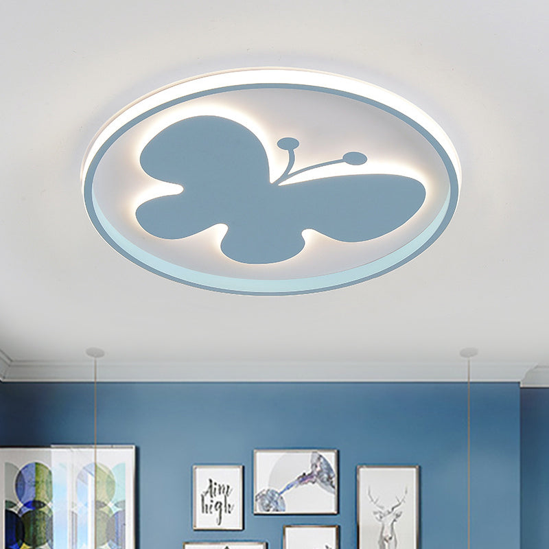 Rabbit/Butterfly Thin Flush Light Fixture Minimalist Iron Pink/Blue LED Ceiling Mount Lamp for Kids Bedroom