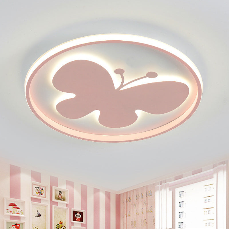 Rabbit/Butterfly Thin Flush Light Fixture Minimalist Iron Pink/Blue LED Ceiling Mount Lamp for Kids Bedroom