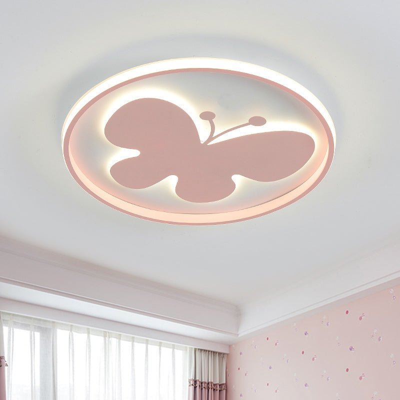 Rabbit/Butterfly Thin Flush Light Fixture Minimalist Iron Pink/Blue LED Ceiling Mount Lamp for Kids Bedroom