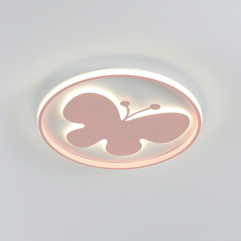 Rabbit/Butterfly Thin Flush Light Fixture Minimalist Iron Pink/Blue LED Ceiling Mount Lamp for Kids Bedroom