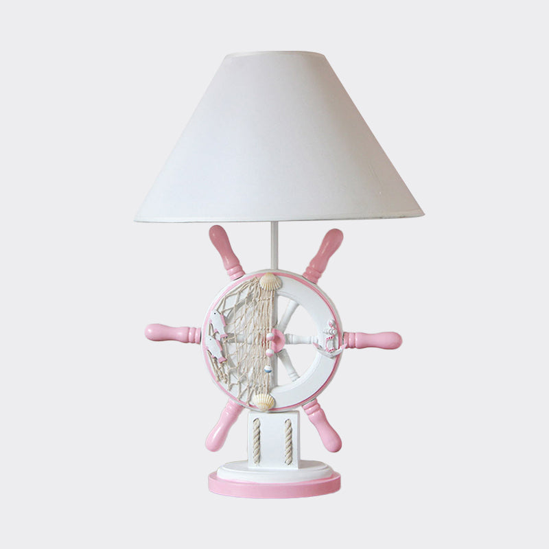 Rudder Wood Table Lamp Cartoon 1 Head Pink/Green Nightstand Lamp with Cone Fabric Shade for Bedroom