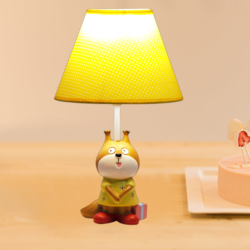 1 Head Study Room Reading Light Cartoon Red/Yellow Task Lamp with Dog Resin Base with Spots Fabric Shade