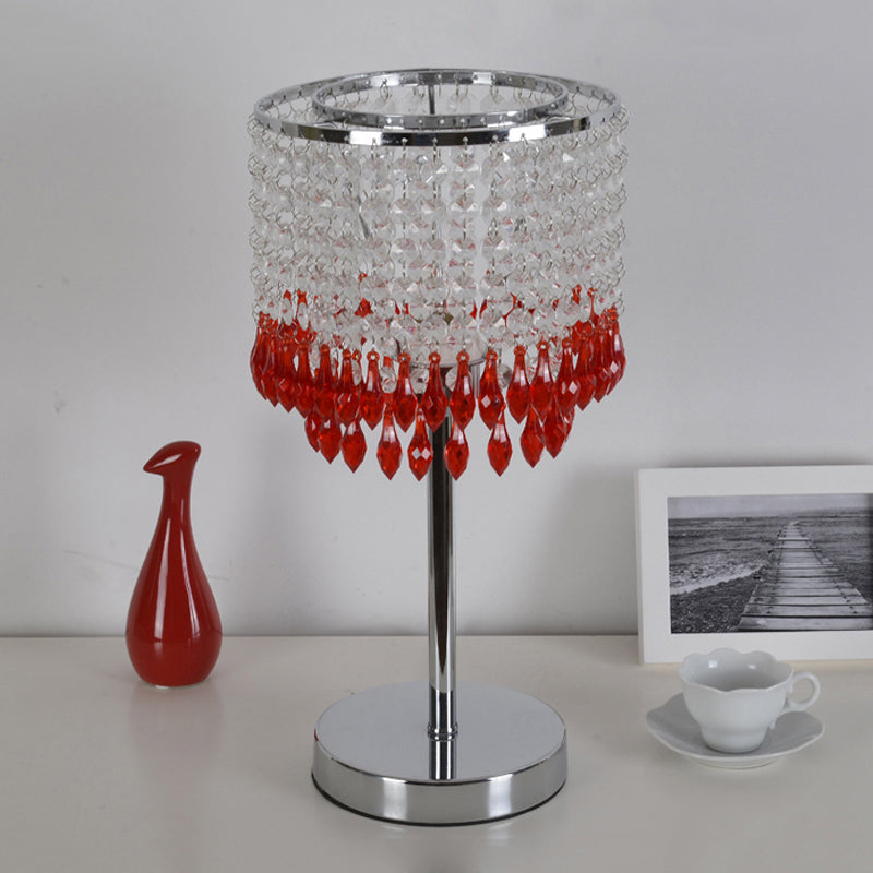 Crystal Beaded Red/Pink/Purple Table Lamp 2 Tiers Tassel Single-Bulb Modernist Nightstand Light for Bedside