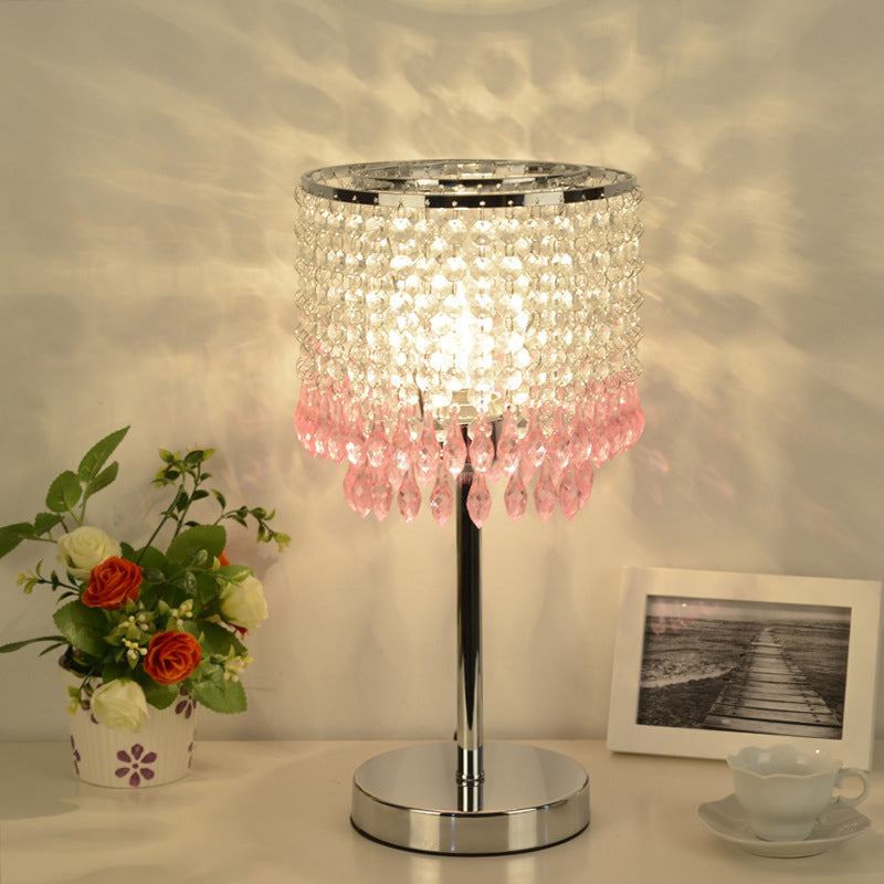 Crystal Beaded Red/Pink/Purple Table Lamp 2 Tiers Tassel Single-Bulb Modernist Nightstand Light for Bedside