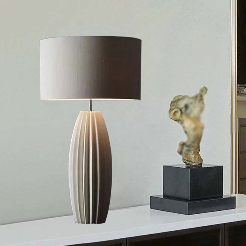 Modern 1-Light Ceramics Night Light with Fabric Shade Grey Finish Drum Nightstand Lamp