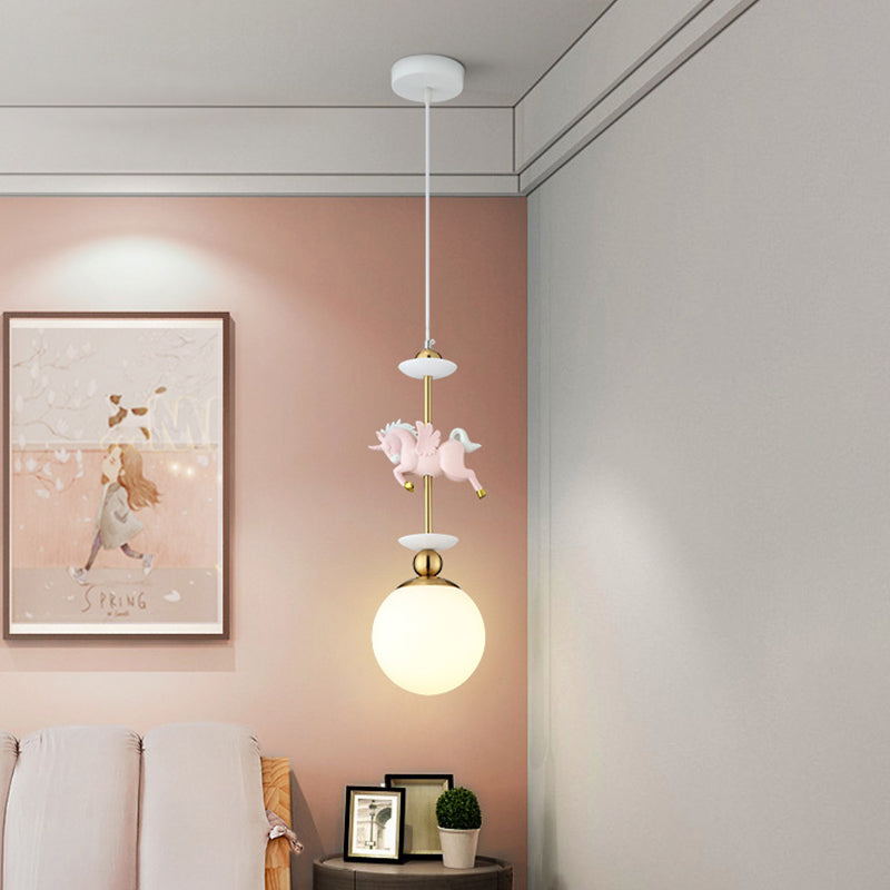 Modern Globe Hanging Light Glass 1 Head Bedroom Pendant Lamp with Unicorn Decoration in Pink