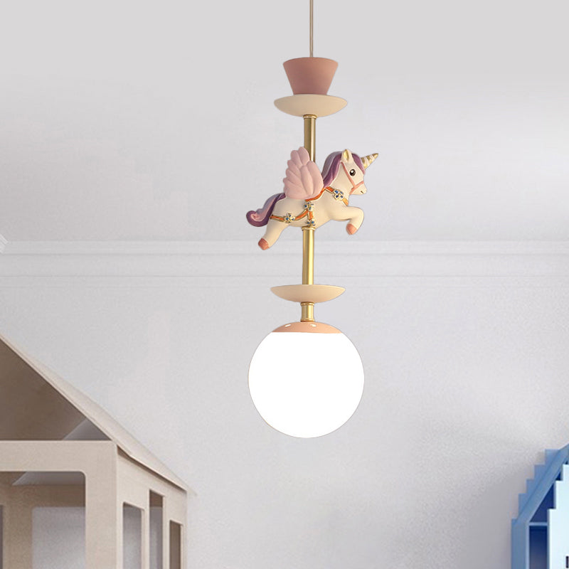 Contemporary 1 Bulb Pedant Lighting Fixture with Opal Glass Shade Pink/Blue Unicorn Hanging Lamp