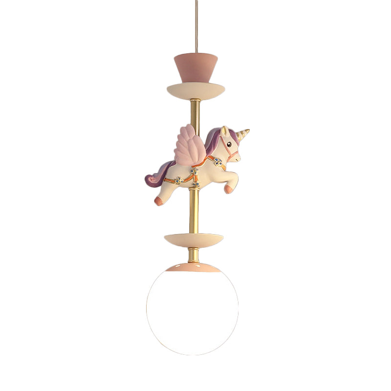 Apparecchiatura contemporanea da 1 per pedante lampadina con tonalità di vetro opale un unicorno rosa/blu lampada sospesa