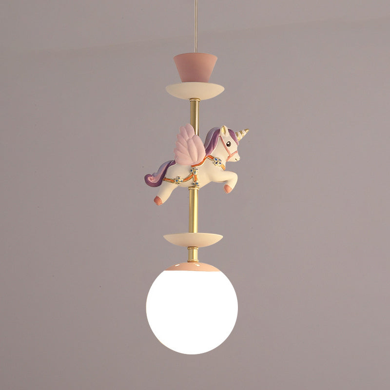 Apparecchiatura contemporanea da 1 per pedante lampadina con tonalità di vetro opale un unicorno rosa/blu lampada sospesa