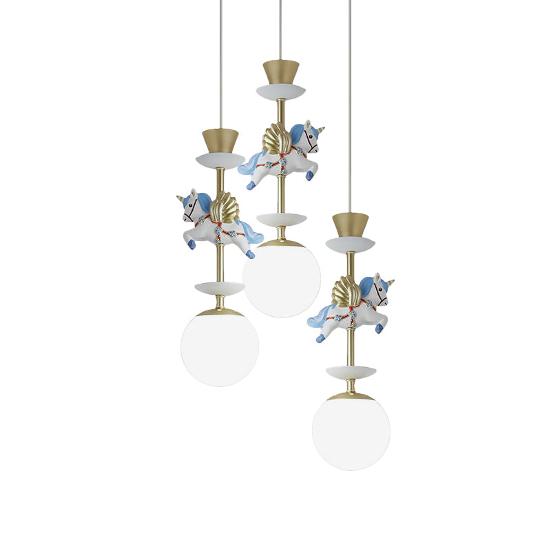 Globe Bedroom Hanging Ceiling Light Glass 3/5 Heads Cartoon Cluster Pendant in Pink/Blue