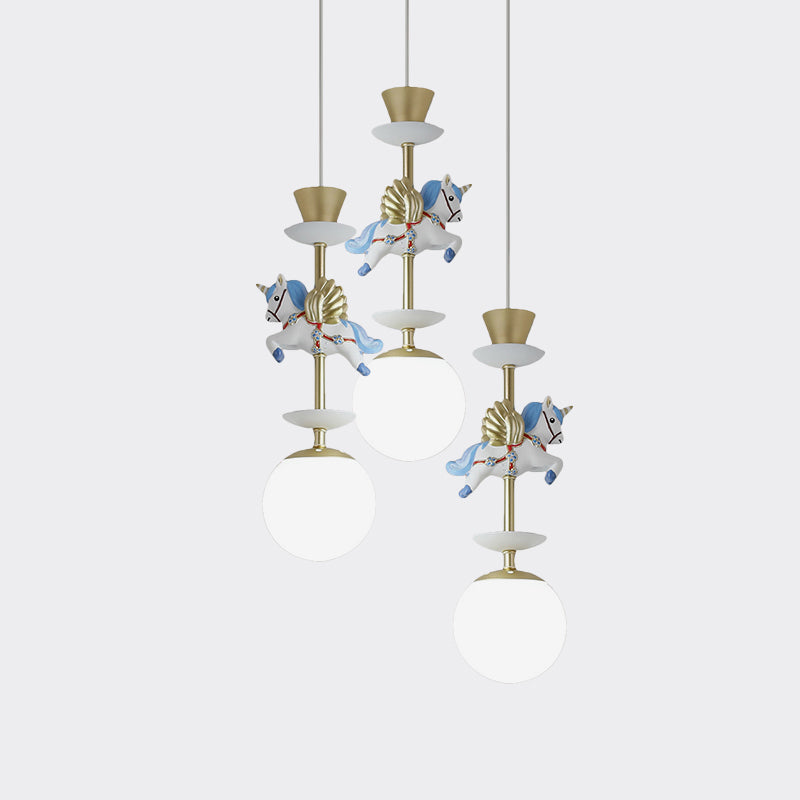 Globe Bedroom Hanging Ceiling Light Glass 3/5 Heads Cartoon Cluster Pendant in Pink/Blue