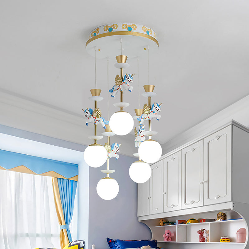 Globe Bedroom Hanging Ceiling Light Glass 3/5 Heads Cartoon Cluster Pendant in Pink/Blue