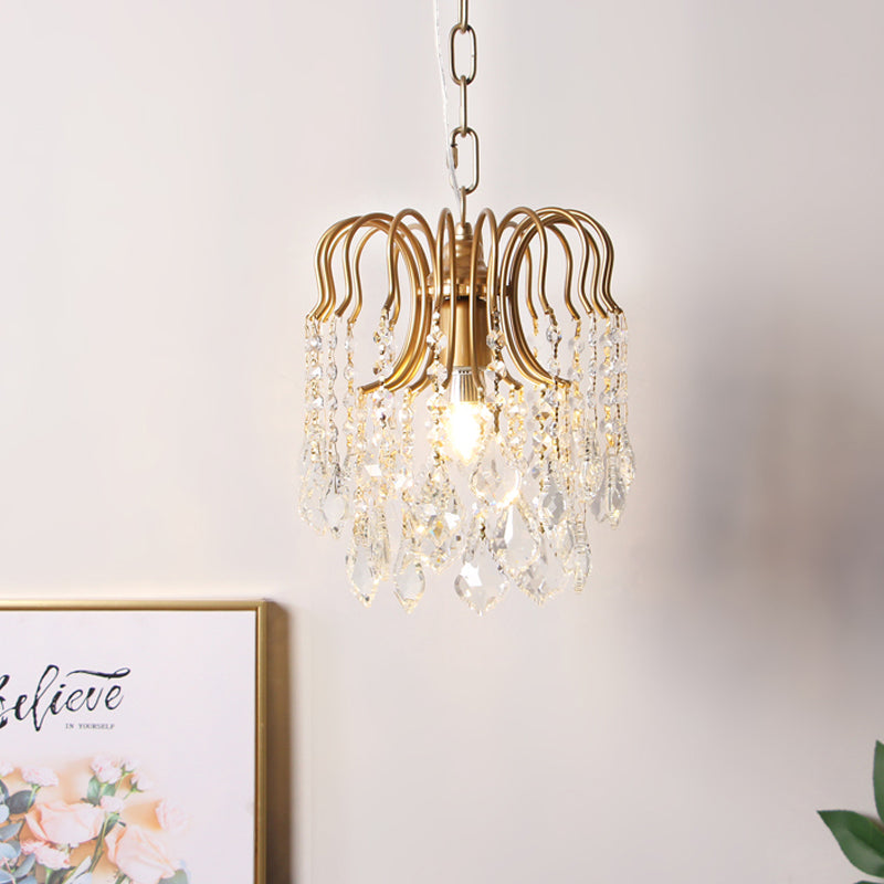 Antiqued Gold 1 Bulb Pendant Lighting Countryside Crystal Draped Hanging Ceiling Light