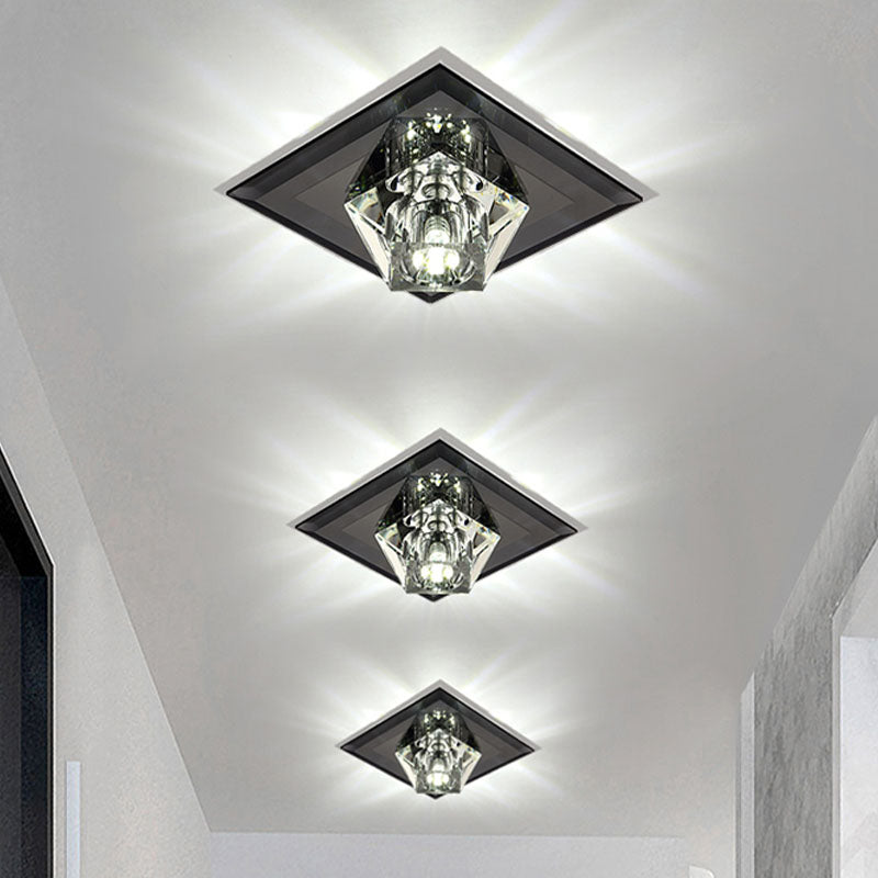 LED Flush Mount Modernism Diamond Clear Crystal Close to Ceiling Lamp in Black with Square Panel