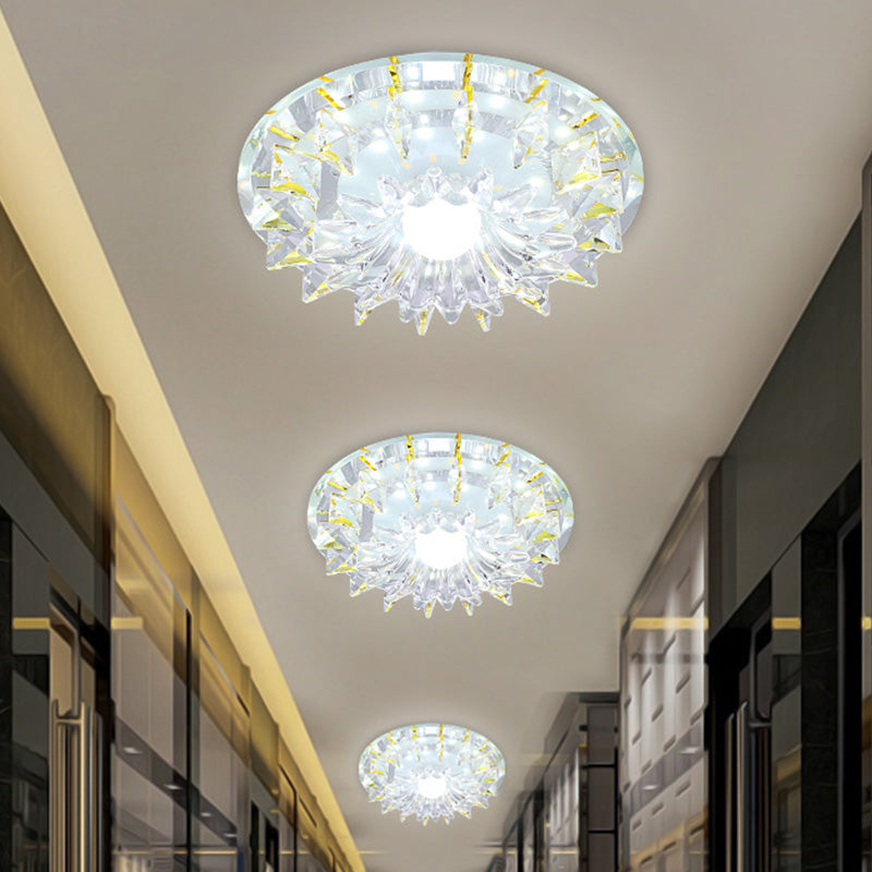 LED Flush Mount de plafond couloir minimaliste avec une nuance de cristal clair floral en lumière chaude / blanc / multi-couleurs