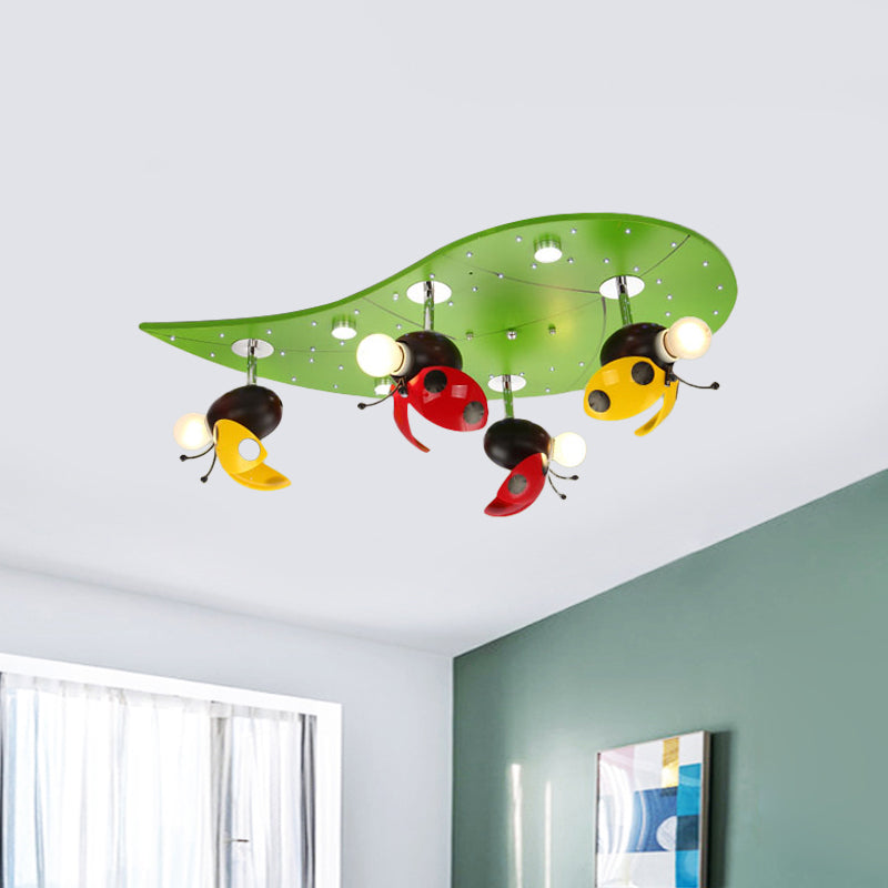 Ladybug Rest On Leaf Ceiling Light Kid Iron 4-Bulb Bedroom Semi Flush Mount in Green