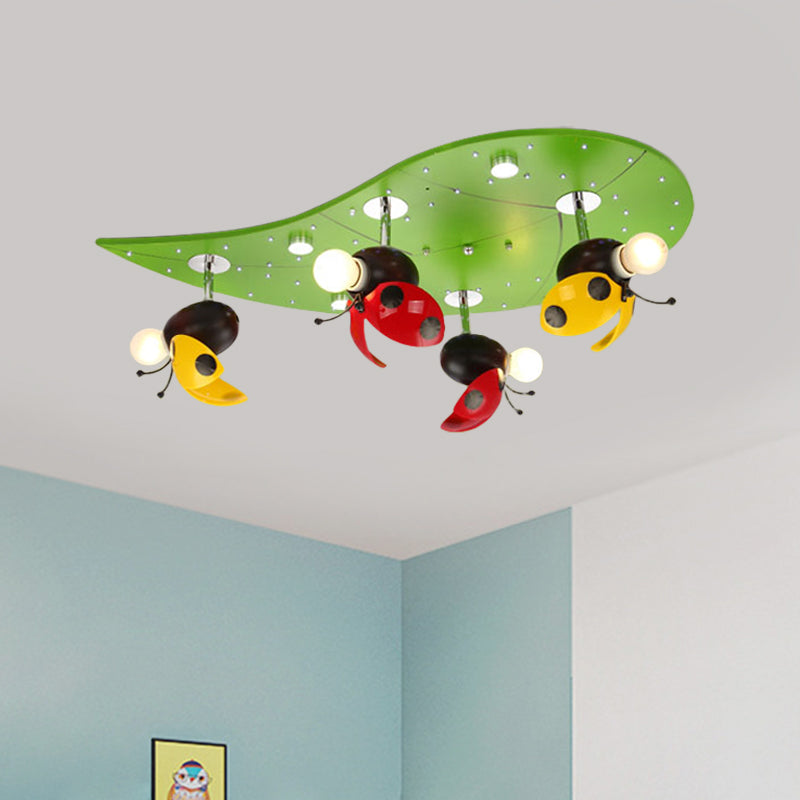 Ladybug Rest On Leaf Ceiling Light Kid Iron 4-Bulb Bedroom Semi Flush Mount in Green