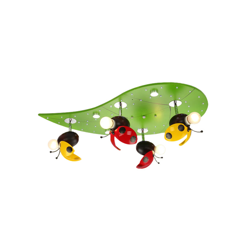 Ladybug Rest On Leaf Ceiling Light Kid Iron 4-Bulb Bedroom Semi Flush Mount in Green