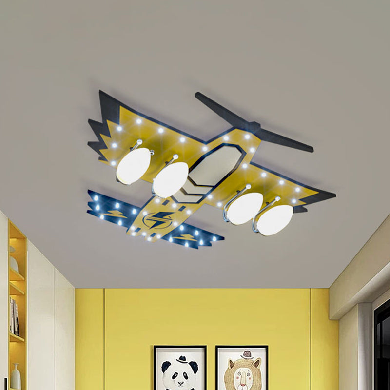 Kids Fighter Jet Wood Flushmount 4 têtes Flush Mounted plafond Light en jaune pour la chambre de garçon