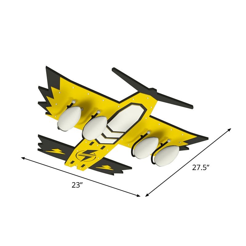 Niños Fighter Jet Wood Flushmount 4 cabezas Luz de techo montada en descarga en amarillo para el dormitorio del niño