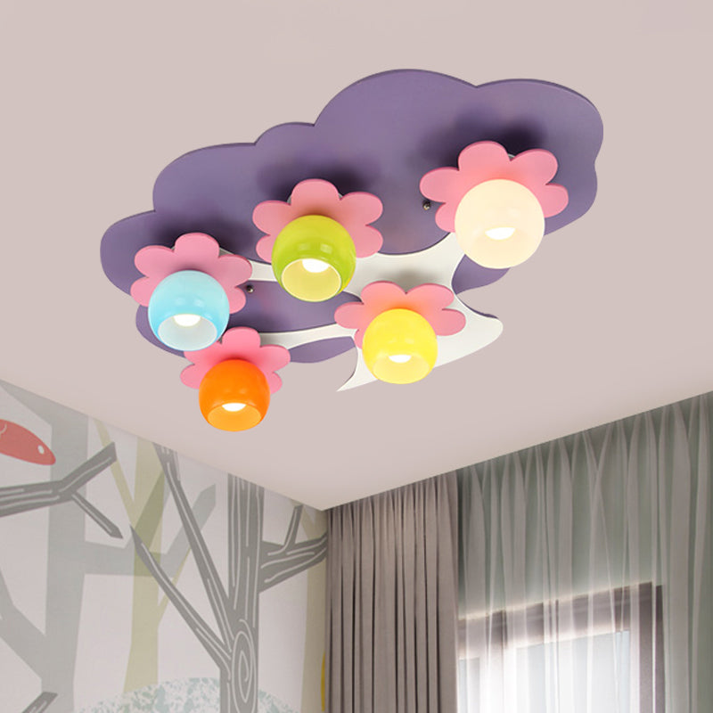 Kids 5-Light Semi Flush Light Fixture Purple Blossom Tree Ceiling Lamp with Colored Glass Shade