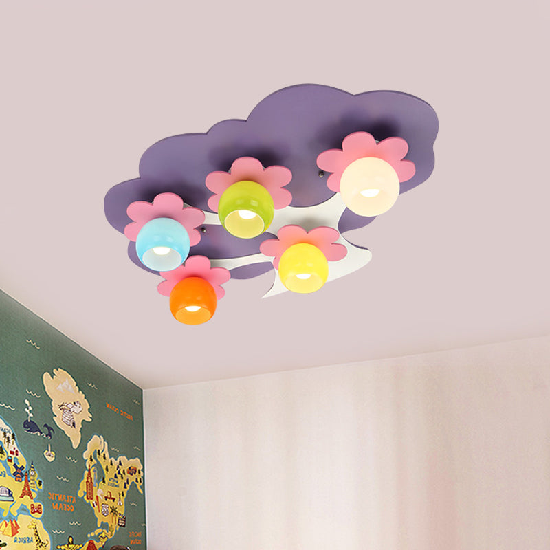 Kids 5-Light Semi Flush Light Fixture Purple Blossom Tree Ceiling Lamp with Colored Glass Shade